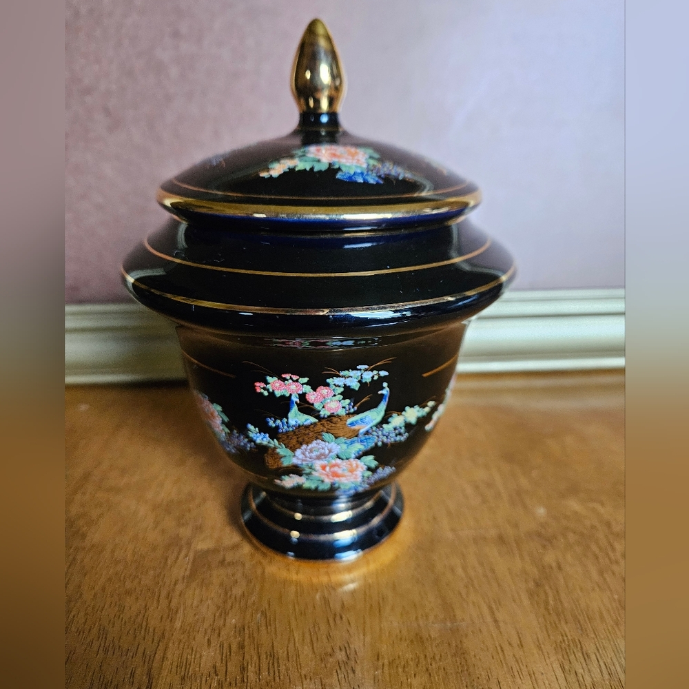 Vintage Fakiolas Hand Made In Greece Black Floral Jar with Lid & 24k Gold Trim.
